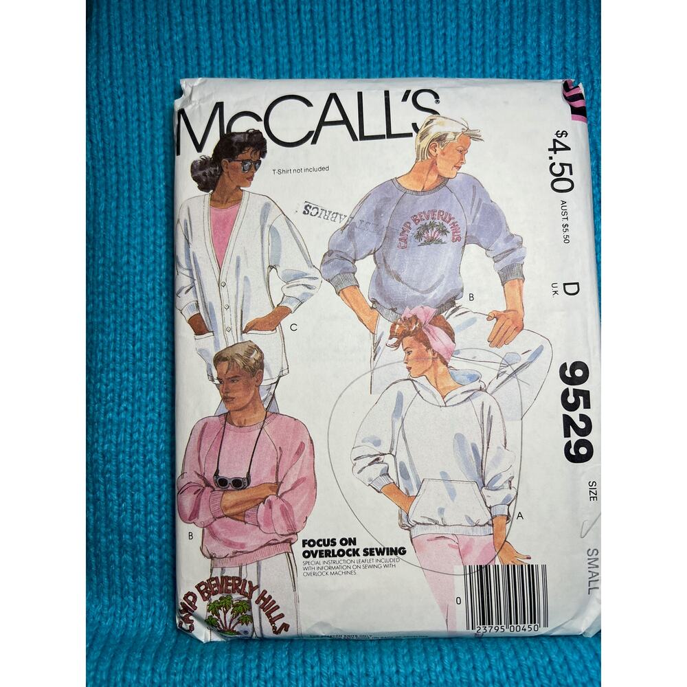 McCalls Sewing pattern 9529 unisex sweatshirt cardigan hoodie 1980s size small